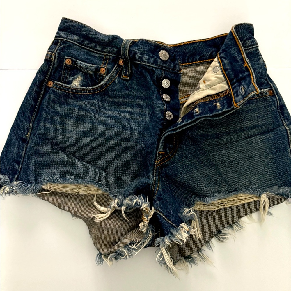 Levi's Dark Blue Frayed Jean Shorts. 501 Button up